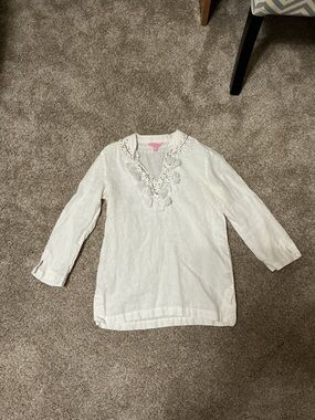 Lilly Pulitzer Linen White Beaded Tassel V-Neck Tunic